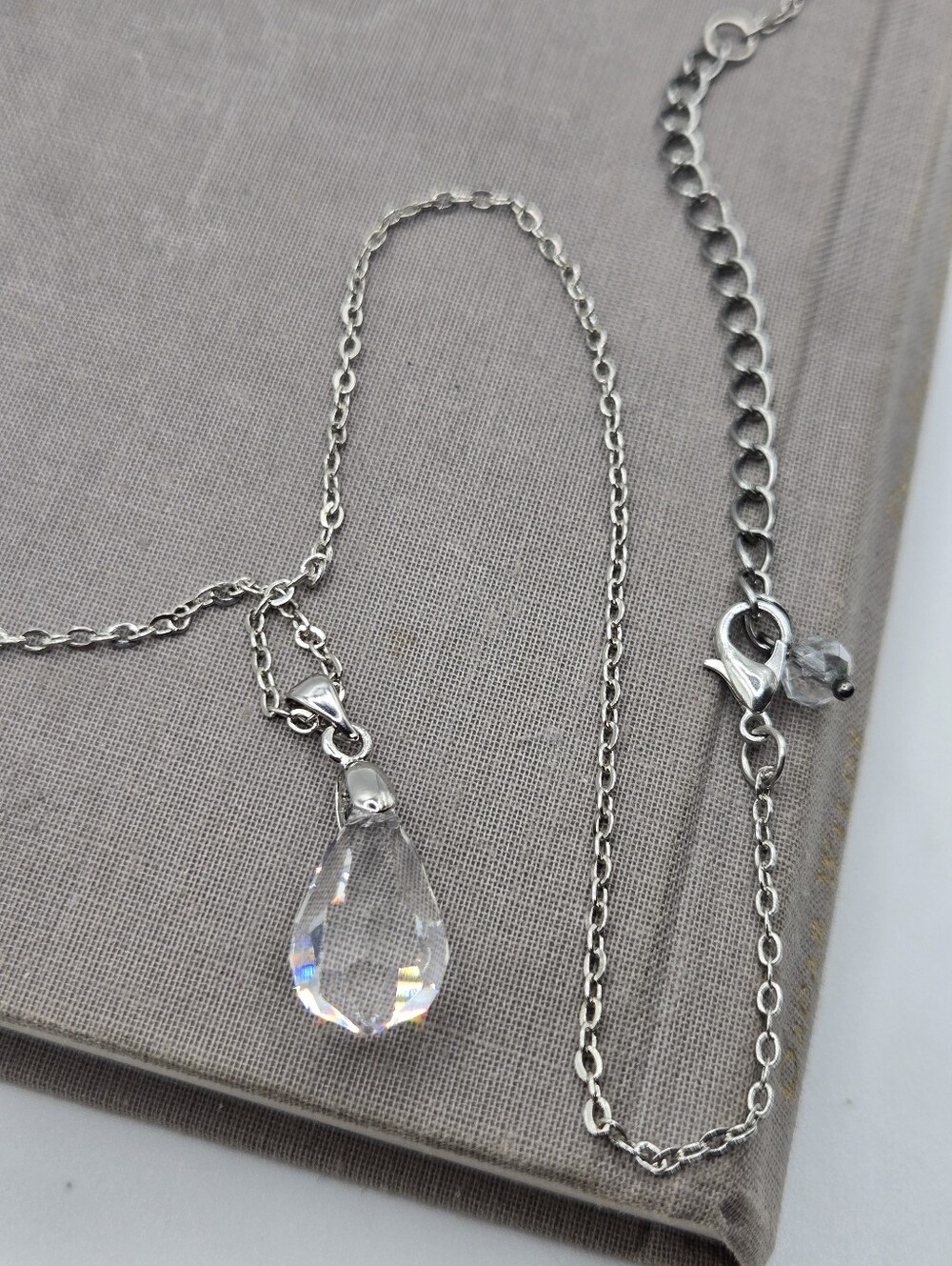 Silver Teardrop Faceted Crystal Charm Necklace Sparkly Prism Pendant 18K GF Bale